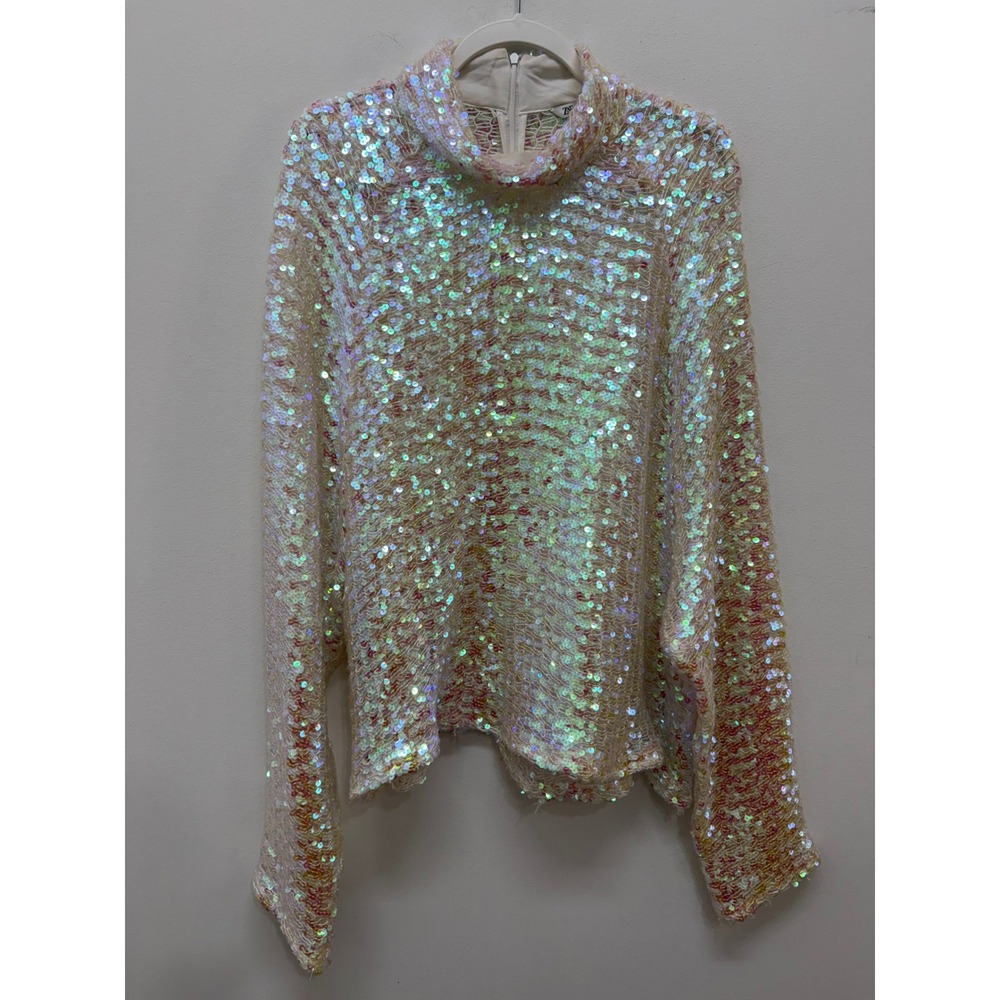 Zara Sequin High Neck Top XL Iridescent Long Sleeve Party Blouse